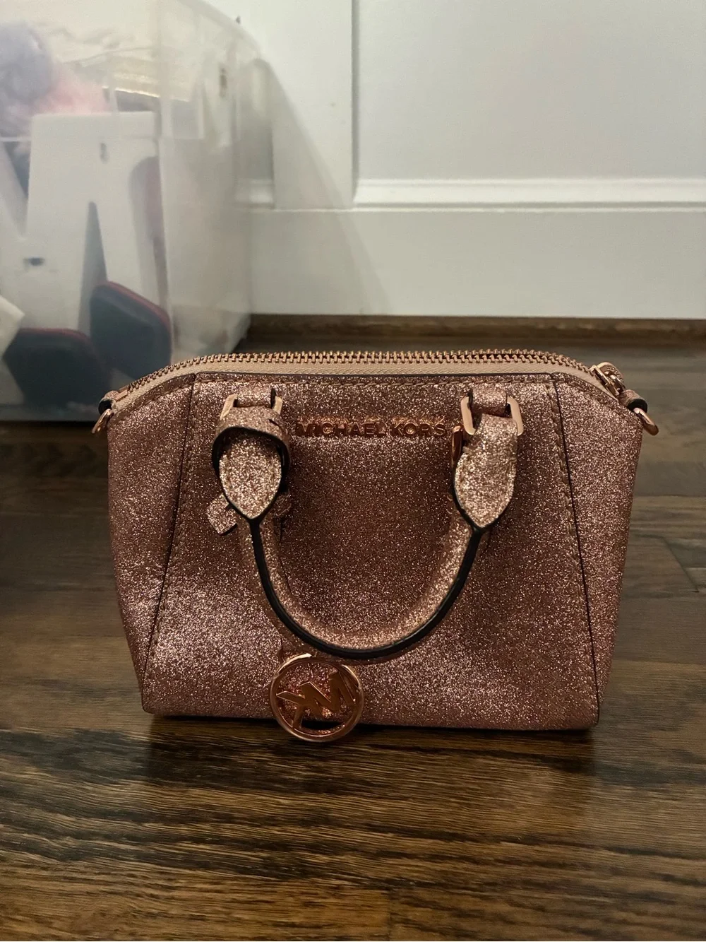 Michael Kors Rose Gold Glitter Mini Satchel Bag